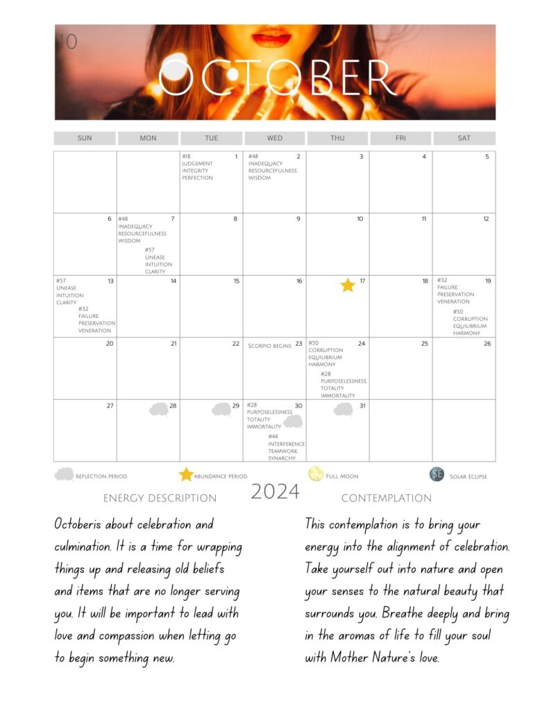 October Inner Beauty Healing Calendar